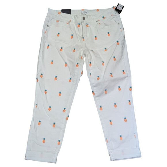Crown & Ivy Petite White Crop Pants w/ Pineapple Embroidery 6P Cotton & Spandex - Picture 1 of 8